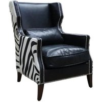 Lowry Zebra Vintage Black Distressed Leather Wing Chair