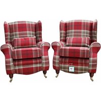2 x Sherlock Wingback Fireside High Back Armchairs Balmoral Red Check P&S