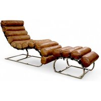 Vintage Tan Distressed Leather Chaise Lounge With Footstool