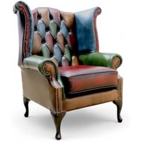 Chesterfield Patchwork Queen Anne Wing Chair Antique Real Leather