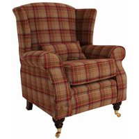 Arnold Wool Tweed Wing Chair Fireside High Back Armchair Heritage Scarlet Check Fabric