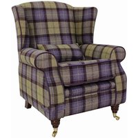 Arnold Wool Tweed Wing Chair Fireside High Back Armchair Plaid Blackberry Crumble Check Fabric